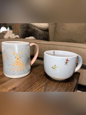 west elm/world market set of 2 coffee/tea mugs/cups snow ski/st jude/fox
